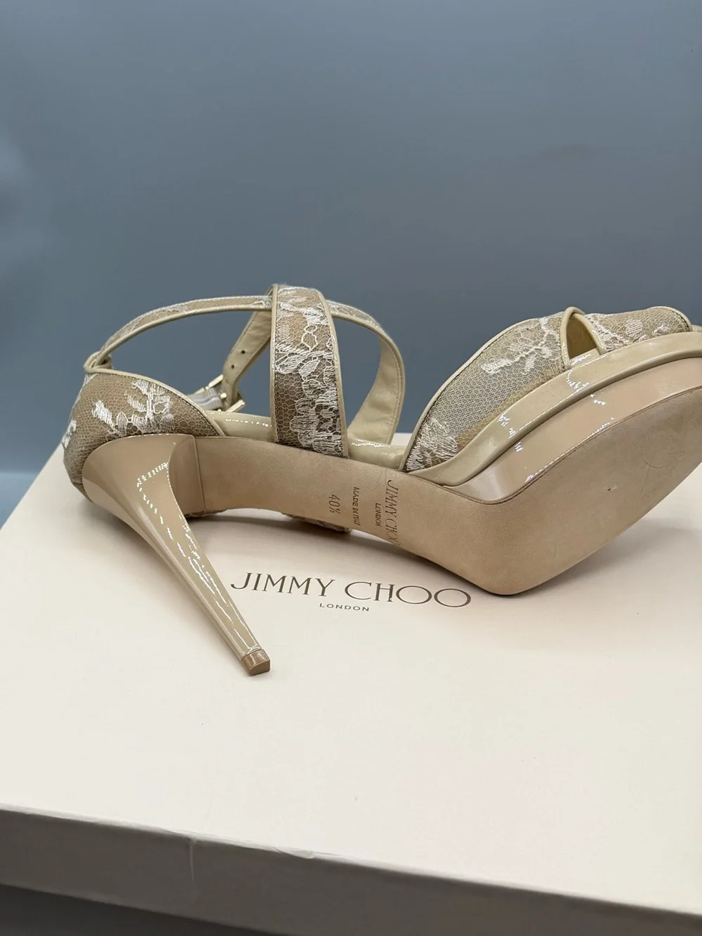 Jimmy Choo Nude Lace Crisscross Platform Stilettos
